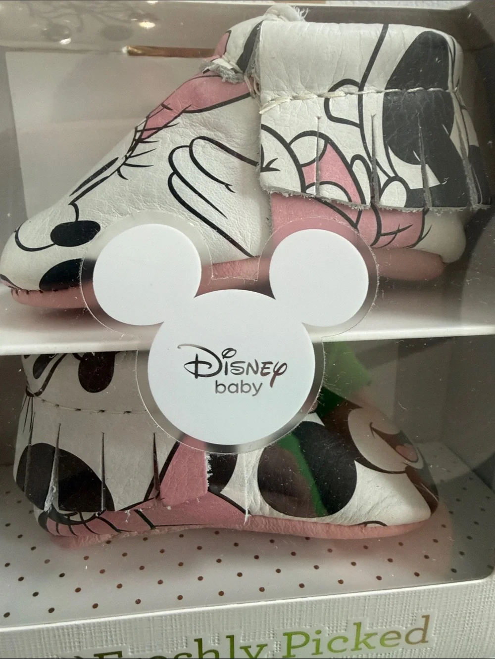 NWT Freshly Picked Pink and White Minnie Mouse Baby Booties